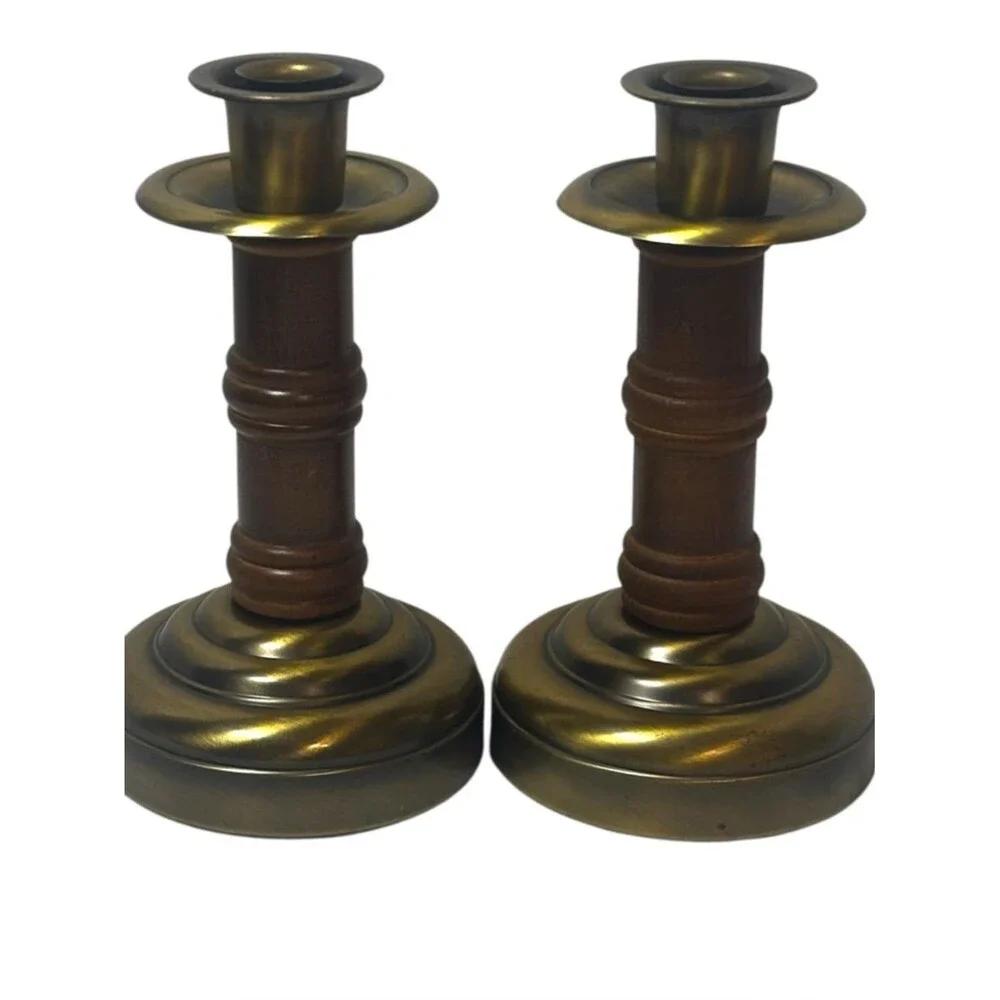 VTG HOMCO Antiqued Brass and Wood Candlesticks Pair Classic Mid Century Modern